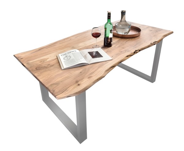 Tisch 220 x 100 cm, Platte natur, Gestell silber TABLES & CO Platte Akazie, Gestell Stahl