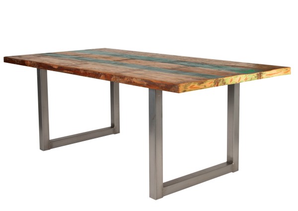 Tisch 220x100 cm, buntes Altholz TABLES & CO Platte Altholz, Gestell Stahl