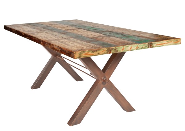 Tisch 160x85 cm, Altholz bunt lackiert TABLES & CO Platte Altholz, Gestell Eisen