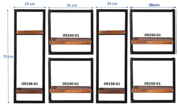 Wandregal-Set, 6-teilig PANAMA Mangoholz mit Altmetall