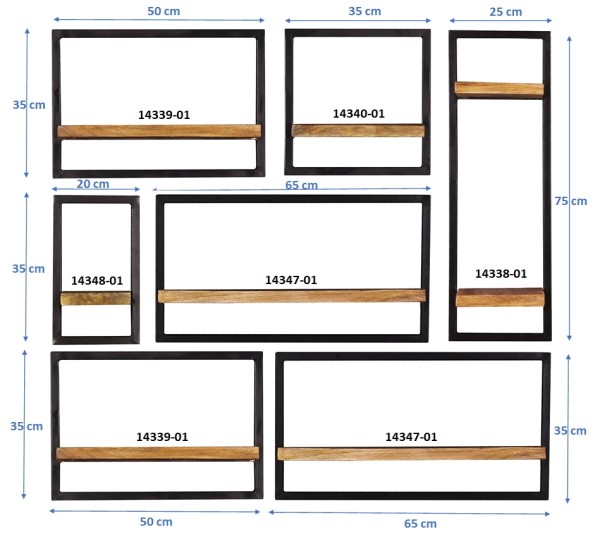 Wandregal-Set, 7-teilig SIDNEY Mangoholz, Metall