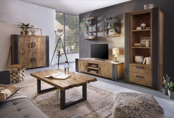 Hocker ROMANTEAKA recyceltes Teak mit echtem Ziegenfell